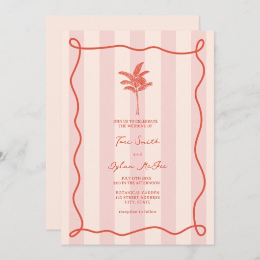 Palmboom werveling roze streep tropische bruiloft kaart (Voorkant / Achterkant)
