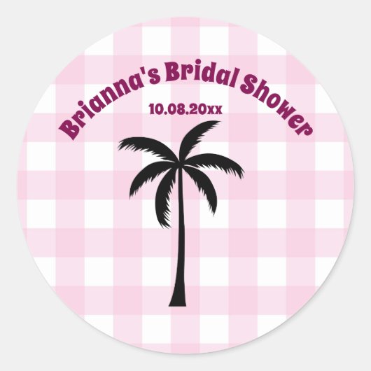 Palmboom Wit Roze Geruit Bruidsmeisje Feest Ronde Sticker (Voorkant)