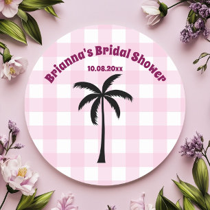 Palmboom Wit Roze Geruite Bruidsfeest Ronde Sticker