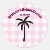 Palmboom Wit Roze Geruite Bruidsfeest Ronde Sticker (Voorkant)