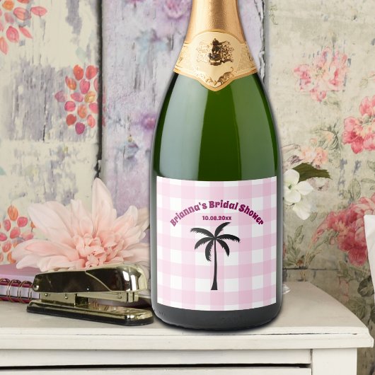 Palmboom Wit Roze Geruite Bruidsfeest Sparkling Wijnetiket