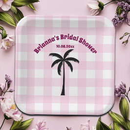 Palmboom Wit Roze Geruite Bruidsmeisjesfeest Papieren Bordje