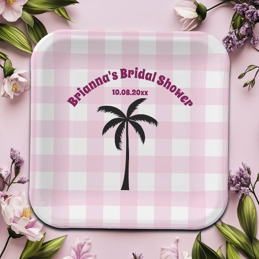 Palmboom Wit Roze Geruite Bruiloft Feest Papieren Bordje