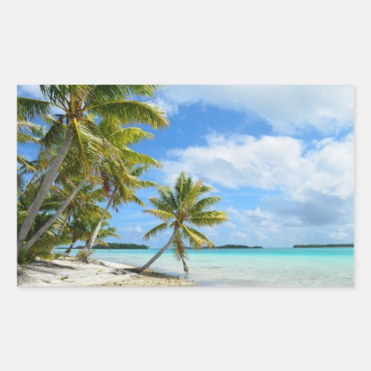 Palmboom, wit zand strand, rechthoekige sticker (Voorkant)