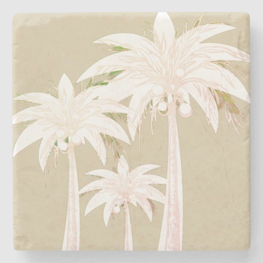 Palmboom Zand Beige Groen Wit Modern Tropisch Stenen Onderzetter (Voorkant)