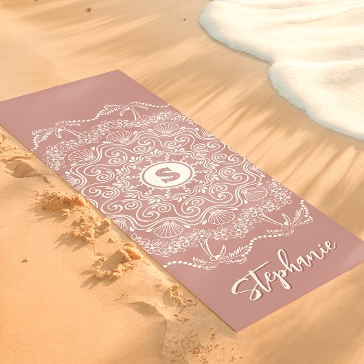 Palmboom Zeeschelp Mandala Monogram Mauve Strand Yogamat