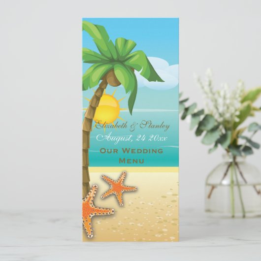 Palmboom & zeester strand bruiloft kaart (Staand voorkant)