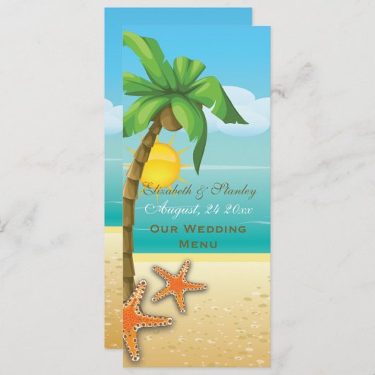 Palmboom & zeester strand bruiloft kaart (Voorkant / Achterkant)