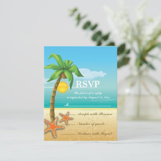 Palmboom & zeester strand bruiloft RSVP kaart (Staand voorkant)