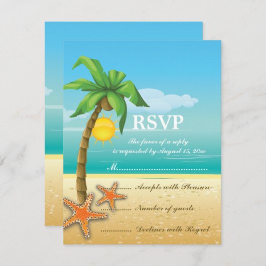 Palmboom & zeester strand bruiloft RSVP kaart (Voorkant / Achterkant)