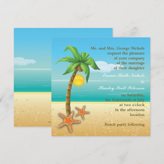 Palmboom & zeester strand zomer bruiloft kaart (Voorkant / Achterkant)