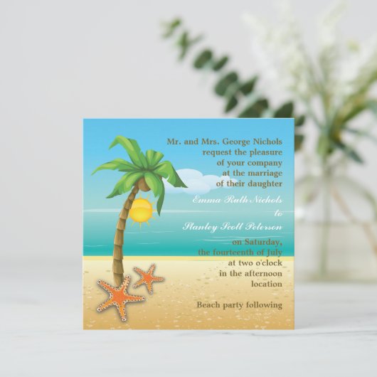 Palmboom & zeester strand zomer bruiloft kaart (Staand voorkant)