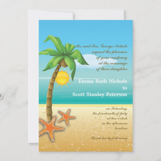 Palmboom & zeester strandbestemming bruiloft kaart (Voorkant)