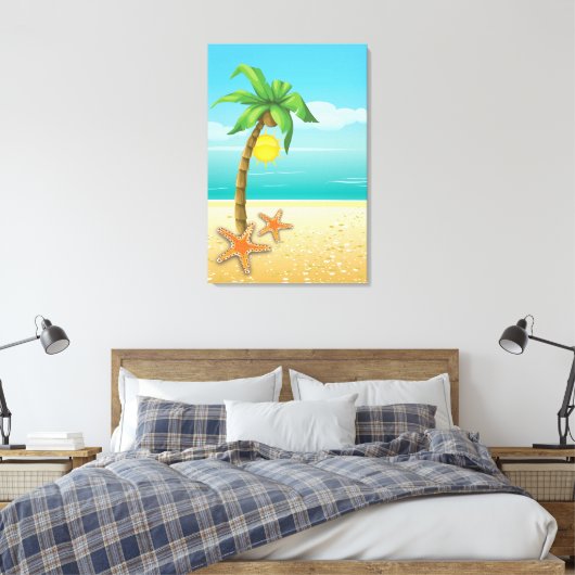 Palmboom, zeester & zon tropisch landschap canvas afdruk (Insitu (Slaapkamer))
