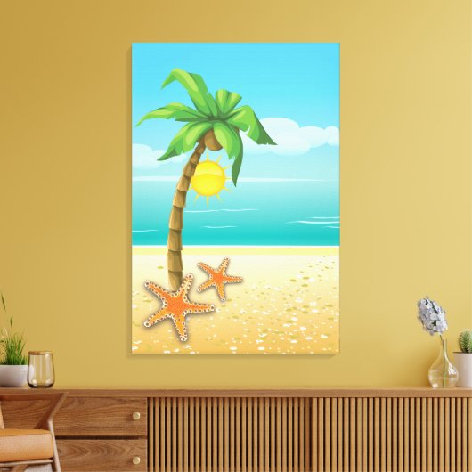 Palmboom, zeester & zon tropisch landschap canvas afdruk (Insitu (Woonkamer))