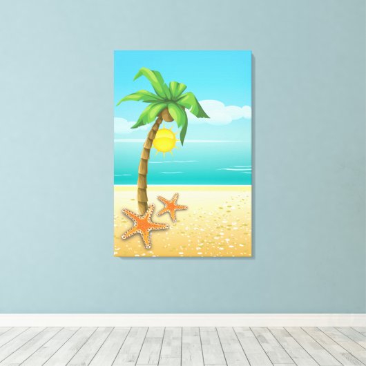 Palmboom, zeester & zon tropisch landschap canvas afdruk (Insitu (Houten vloer))
