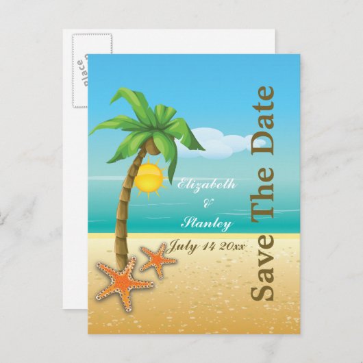 Palmboom & zeesterren strand bruiloft Save the Dat Aankondigingskaart (Voorkant / Achterkant)