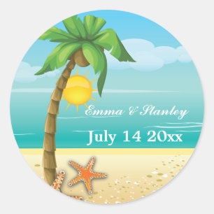 Palmboom & zeesterren strand bruiloft Save the Dat Ronde Sticker
