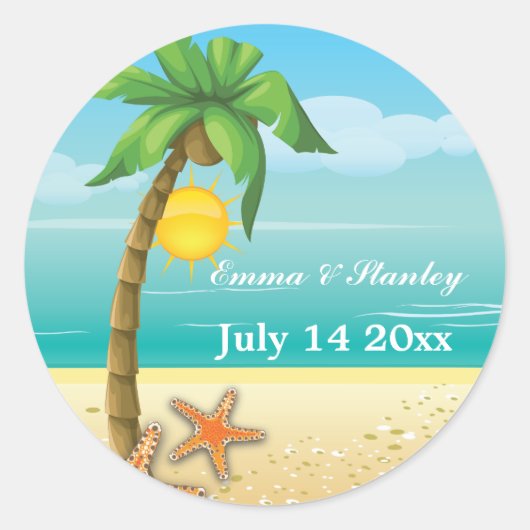 Palmboom & zeesterren strand bruiloft Save the Dat Ronde Sticker (Voorkant)