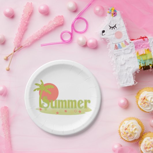 Palmboom zomer met zon en strand papieren bordje (Feest)