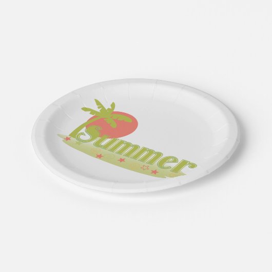 Palmboom zomer met zon en strand papieren bordje (Gekanteld)