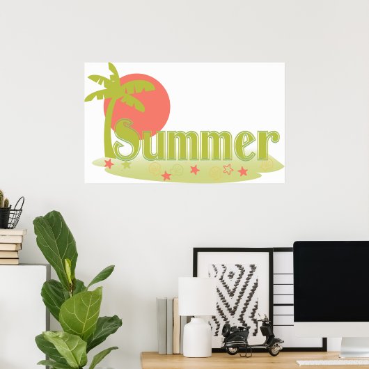 Palmboom zomer met zon en strand poster (Thuiskantoor)
