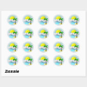 Palmboom, zon en strand ronde sticker (Vel)