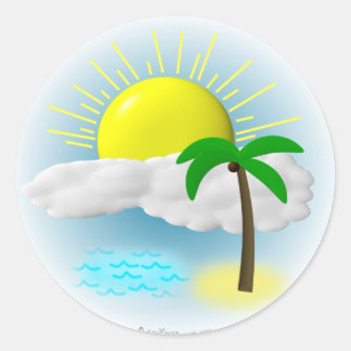 Palmboom, zon en strand ronde sticker