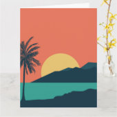 Palmboom Zonsondergang, Eiland, Boho Abstracte Kun Kaart (Gele Bloem)