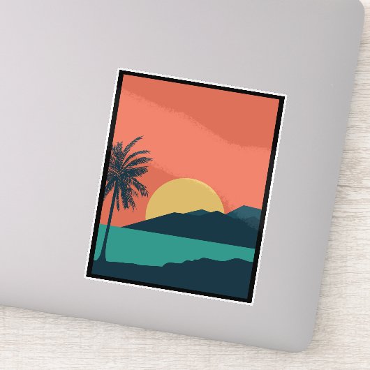 Palmboom Zonsondergang, Eiland, Boho Abstracte Kun Sticker (Detail)