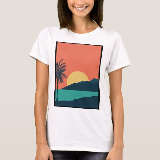 Palmboom Zonsondergang, Eiland, Boho Abstracte Kun T-shirt (Voorkant)