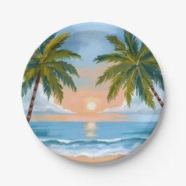 Palmboom Zonsondergang | Tropisch Strand Bruiloft Papieren Bordje