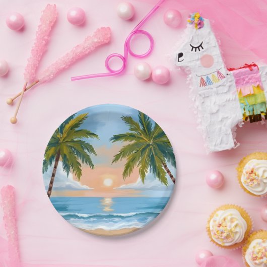 Palmboom zonsondergang | Tropische strand bruiloft Papieren Bordje (Feest)