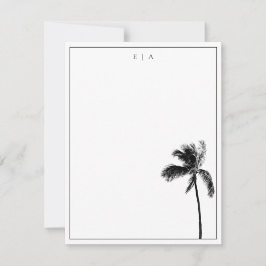 Palmboom zwart & wit minimalistisch monogram notitiekaartje (Voorkant)