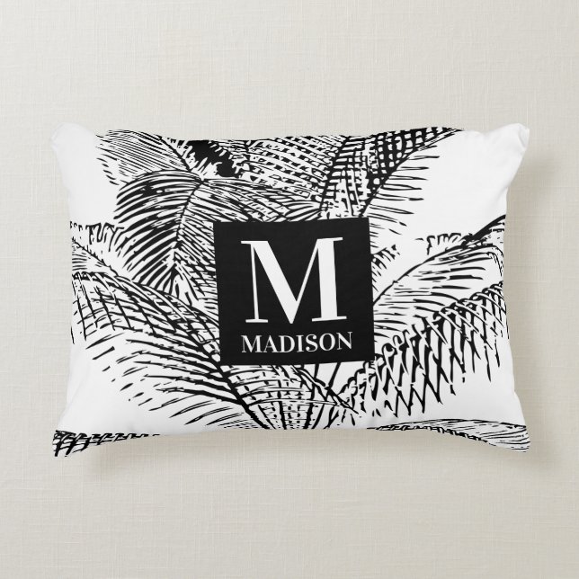 Palmboombladeren Abstract monogram zwart-wit Accent Kussen (Voorkant)