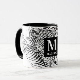Palmboombladeren Abstract monogram zwart-wit Mok
