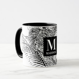 Palmboombladeren Abstract monogram zwart-wit Mok