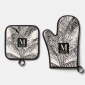 Palmboombladeren Abstract monogram zwart-wit Ovenwant & Pannenlap Set (Voorkant)