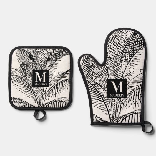 Palmboombladeren Abstract monogram zwart-wit Ovenwant & Pannenlap Set (Voorkant)