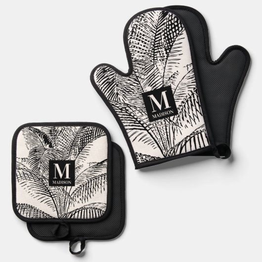 Palmboombladeren Abstract monogram zwart-wit Ovenwant & Pannenlap Set (Voorkant / Achterkant)