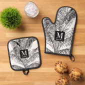 Palmboombladeren Abstract monogram zwart-wit Ovenwant & Pannenlap Set (Top down)