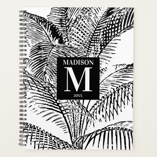Palmboombladeren Abstract monogram zwart-wit Planner (Voorkant)