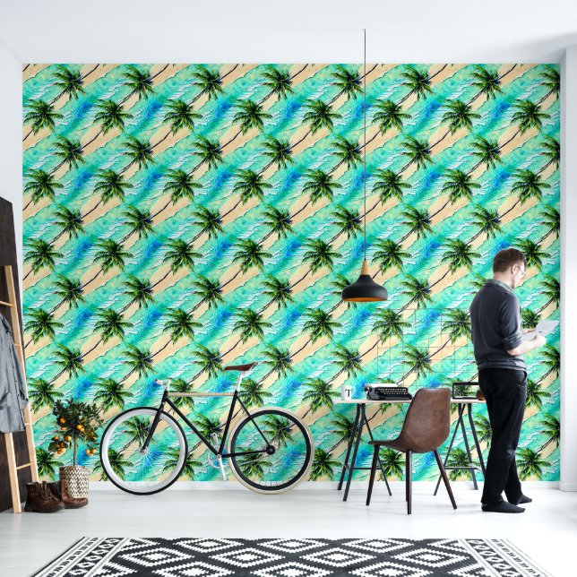 Palmboombladeren turquoise zee nautisch patroon behang (Woonkamer)