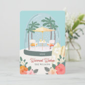 Palmboomkleppen Sneeuwkerstmis Wereldbol Feestdagenkaart (Staand voorkant)