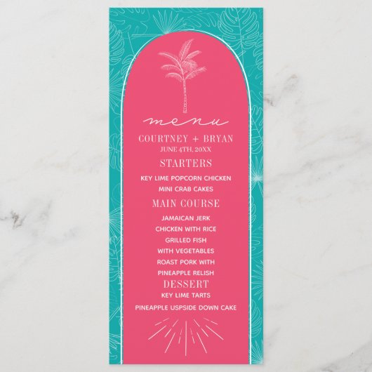 Palmboomroze en blauwe strand bruiloft menu (Voorkant)