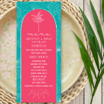 Palmboomroze en blauwe strand bruiloft menu<br><div class="desc">Witte palmbladeren nemen een lijntekenpatroon over de blauwe achtergrond. Witte tekst en palmtekening boven de roze boogachtergrond</div>