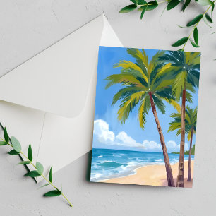 Palmboomstrand   Tropische Aquarel Blauwe Kaart