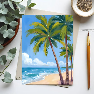 Palmboomstrand   Tropische Aquarel Blauwe Lucht Briefkaart