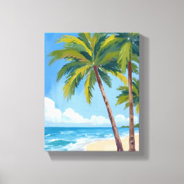 Palmboomstrand | Tropische Aquarel Blauwe Lucht Canvas Afdruk