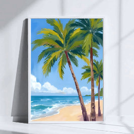 Palmboomstrand | Tropische Aquarel Blauwe Lucht Poster